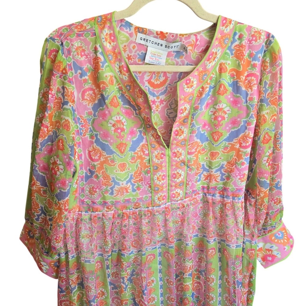 Gretchen Scott Borderline Watteau Dress Multicolor 3/4 Sleeve Preppy Airy Medium - Picture 5 of 7